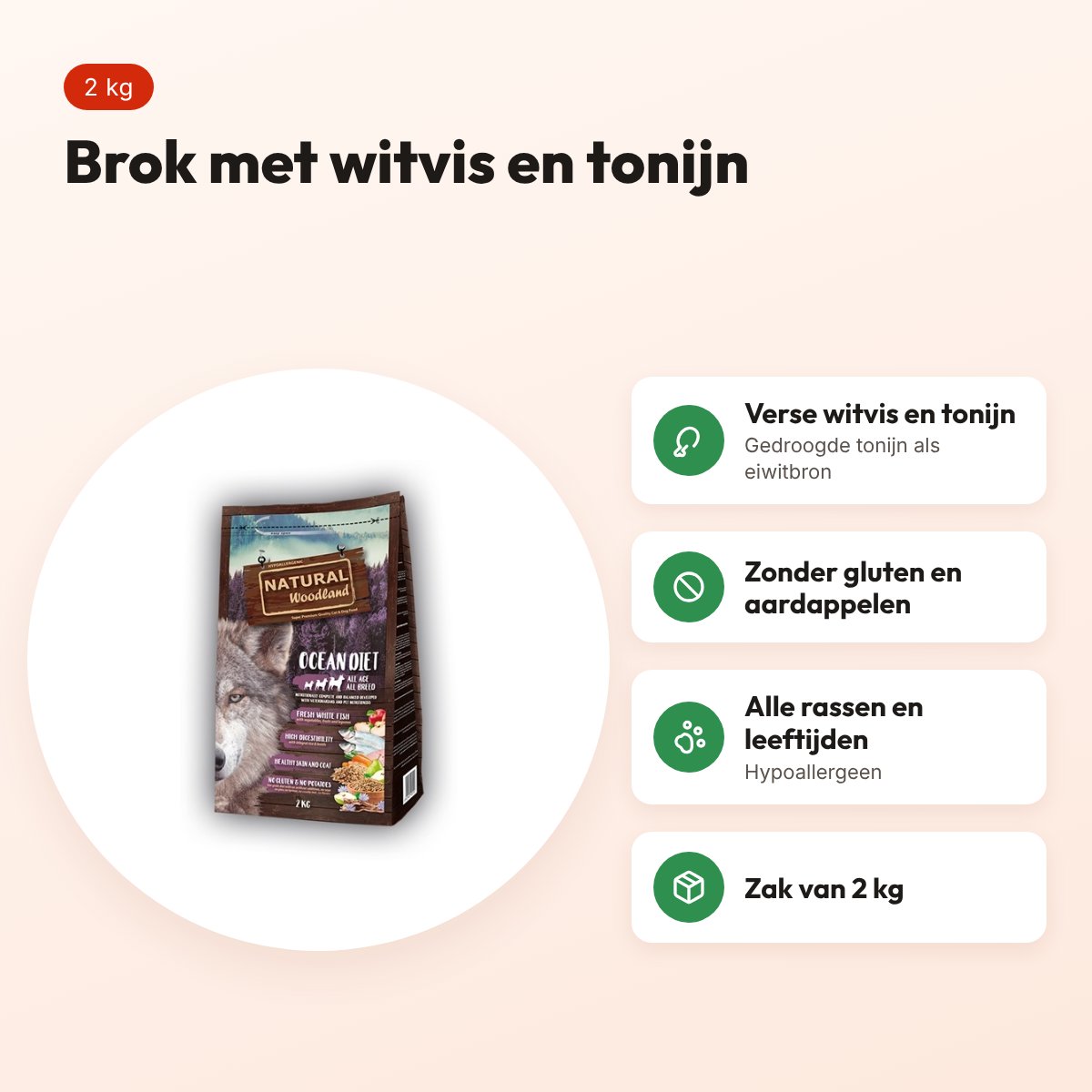 Natural Woodland hondenvoer Ocean Diet witvis en tonijn 2 kg – glutenvrij – voordelen