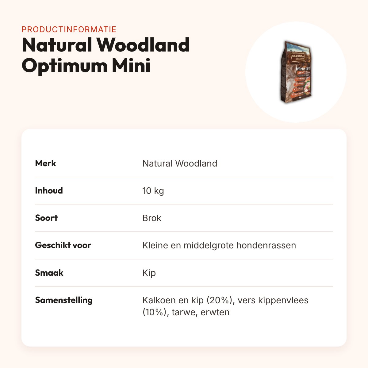 Natural Woodland hondenvoer Optimum Mini/Medium kip 10 kg – glutenvrij – productinformatie