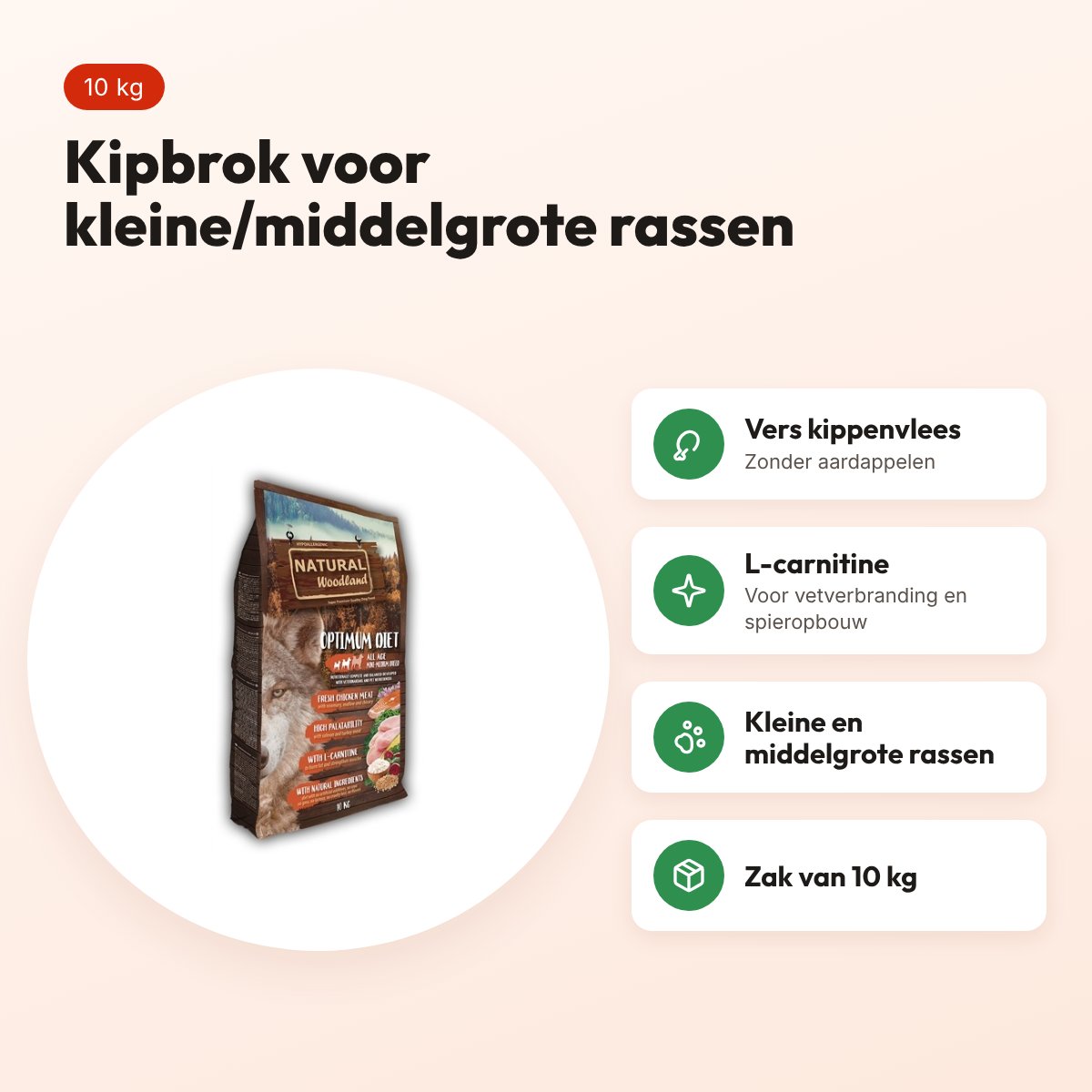 Natural Woodland hondenvoer Optimum Mini/Medium kip 10 kg – glutenvrij – voordelen