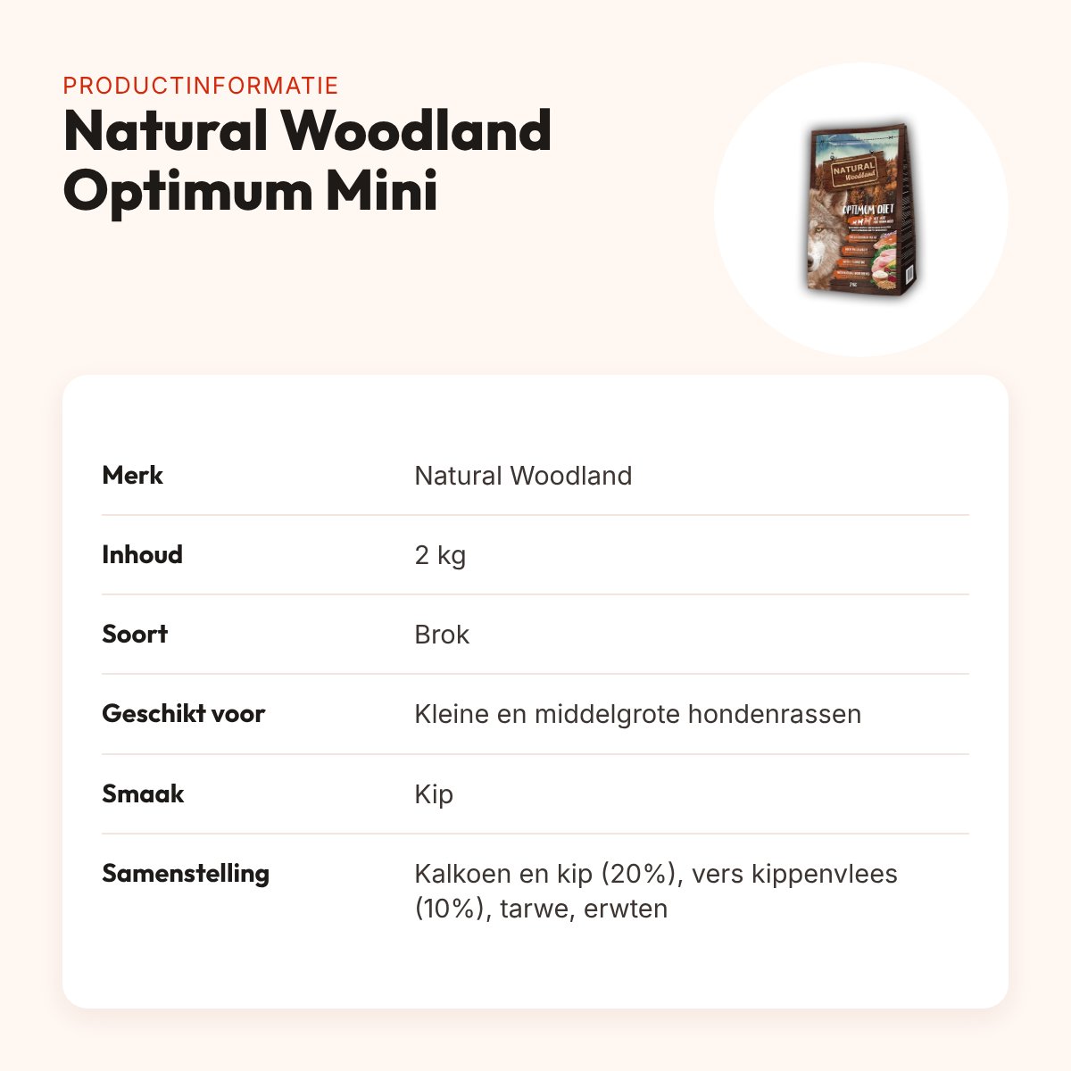 Natural Woodland hondenvoer Optimum Mini/Medium kip 2 kg – glutenvrij – productinformatie