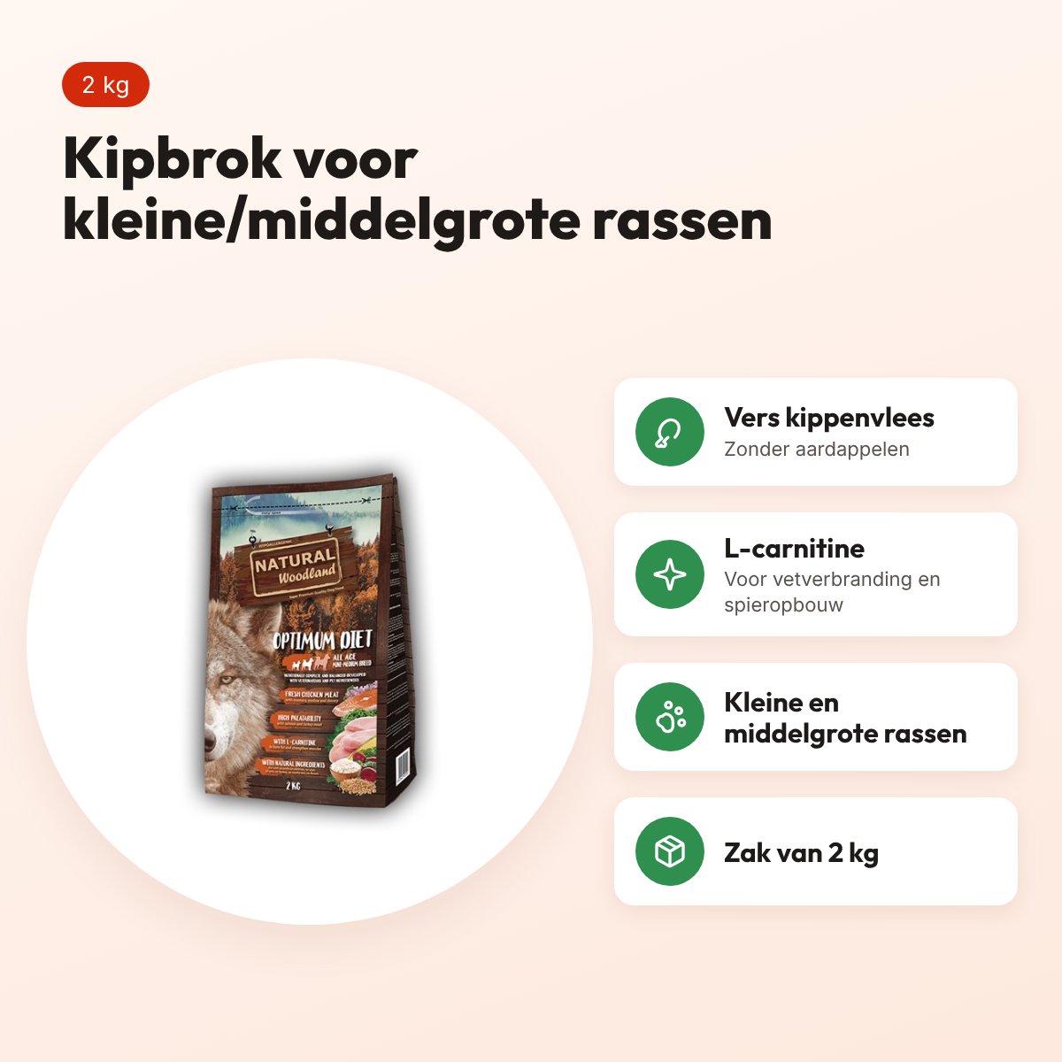 Natural Woodland hondenvoer Optimum Mini/Medium kip 2 kg – glutenvrij – voordelen