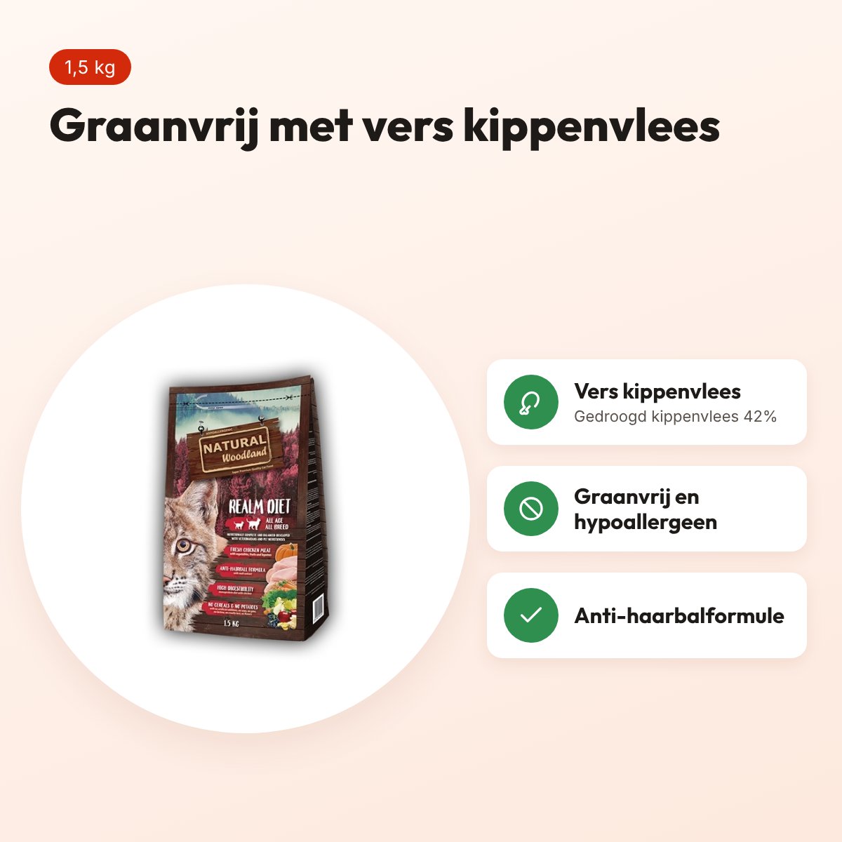Natural Woodland kattenvoer Cat Realm Diet 1,5 kg – kip, graanvrij – voordelen