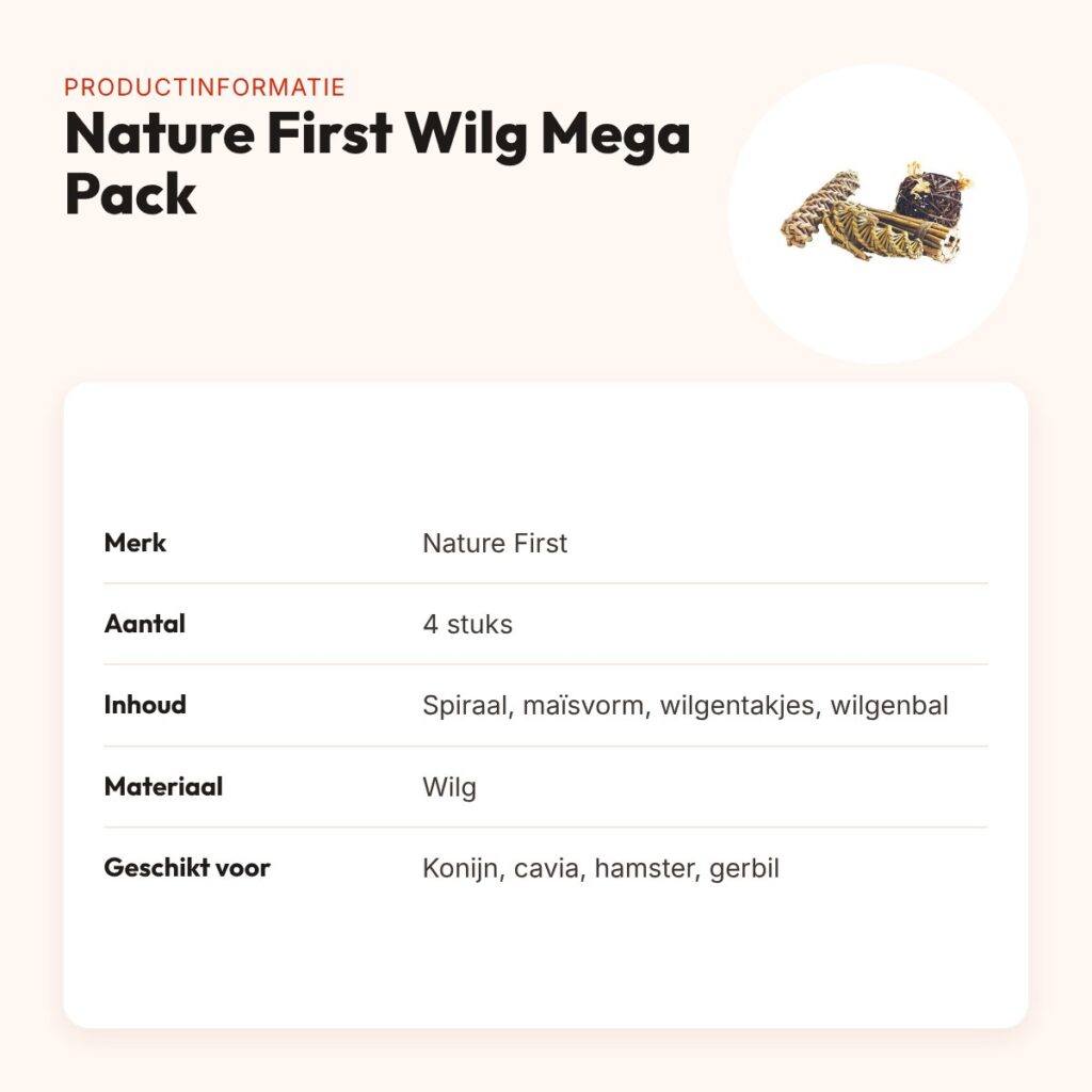 Nature First Wilg Mega Pack 4 stuks – spiraal, maïs, bal en sticks – productinformatie