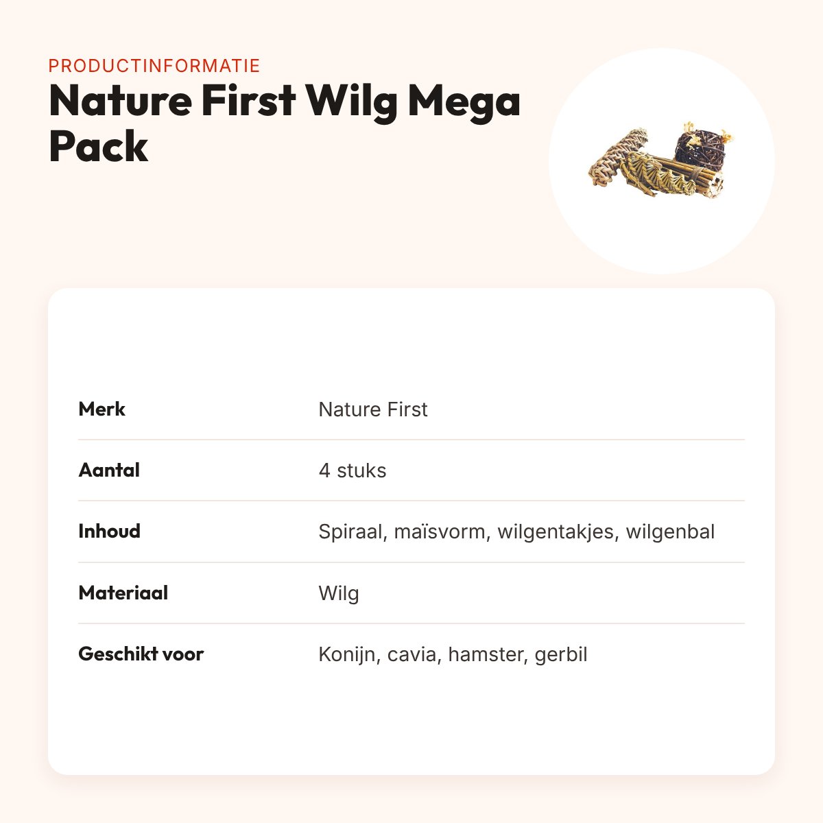 Nature First Wilg Mega Pack 4 stuks – spiraal, maïs, bal en sticks – productinformatie