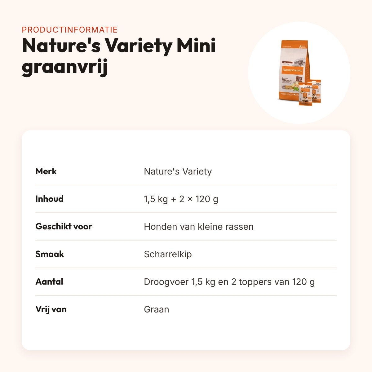 Nature's Variety hondenvoer Adult Mini kip graanvrij 1,5 kg + 2 toppers – productinformatie