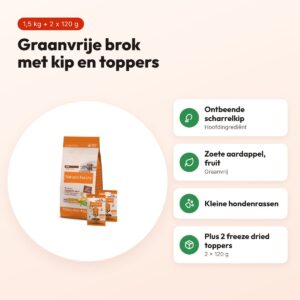 Nature's Variety hondenvoer Adult Mini kip graanvrij 1,5 kg + 2 toppers – voordelen