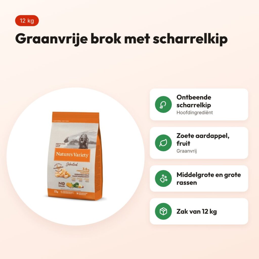 Nature's Variety hondenvoer Selected Adult Medium/Maxi scharrelkip 12 kg – voordelen