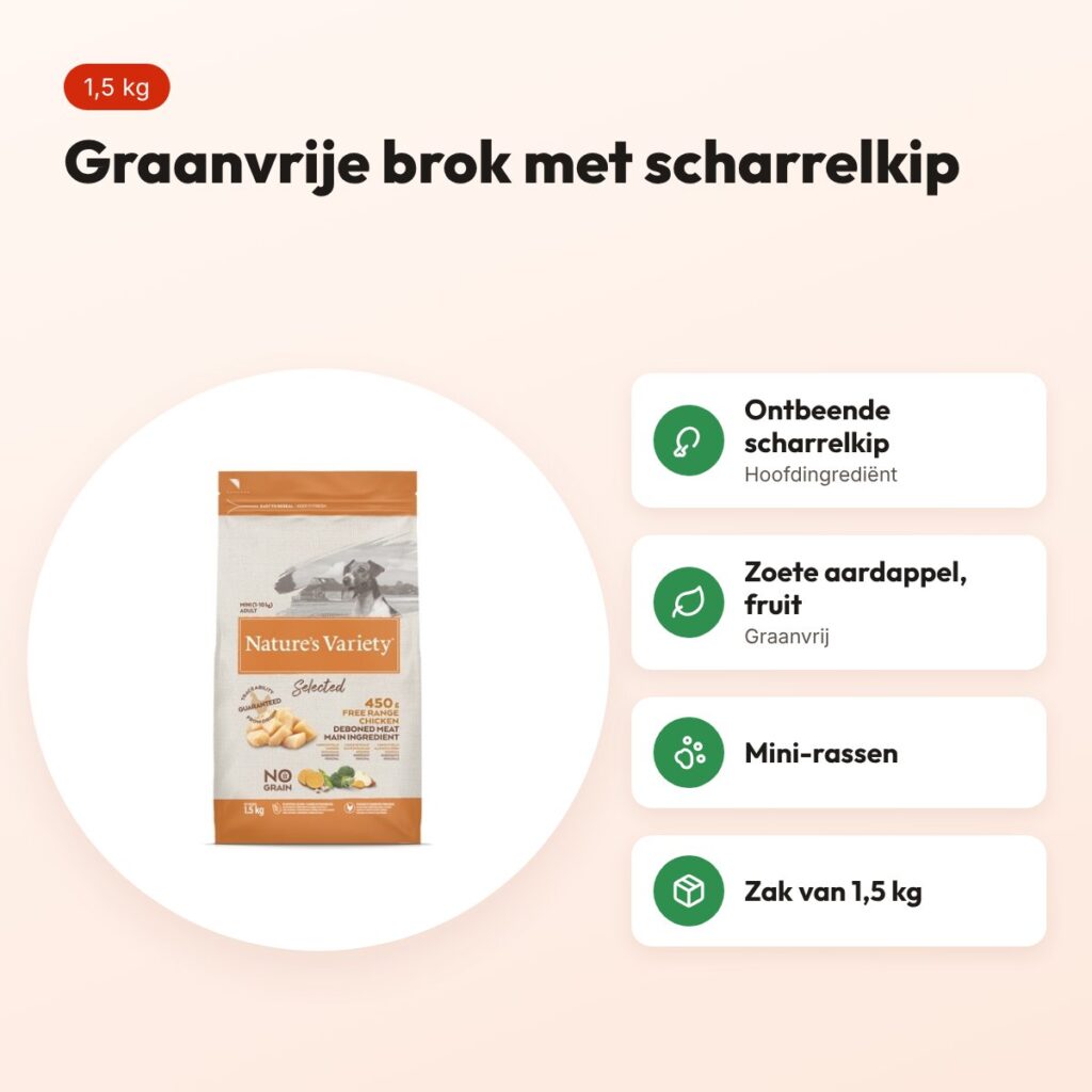 Nature's Variety hondenvoer Selected Adult Mini scharrelkip 1,5 kg – voordelen
