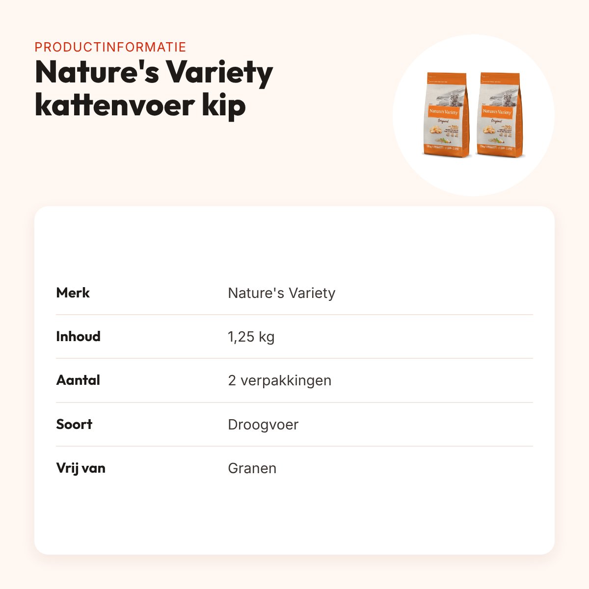 Nature's Variety kattenvoer kip 1,25 kg – zonder granen – multipack 2 stuks – productinformatie