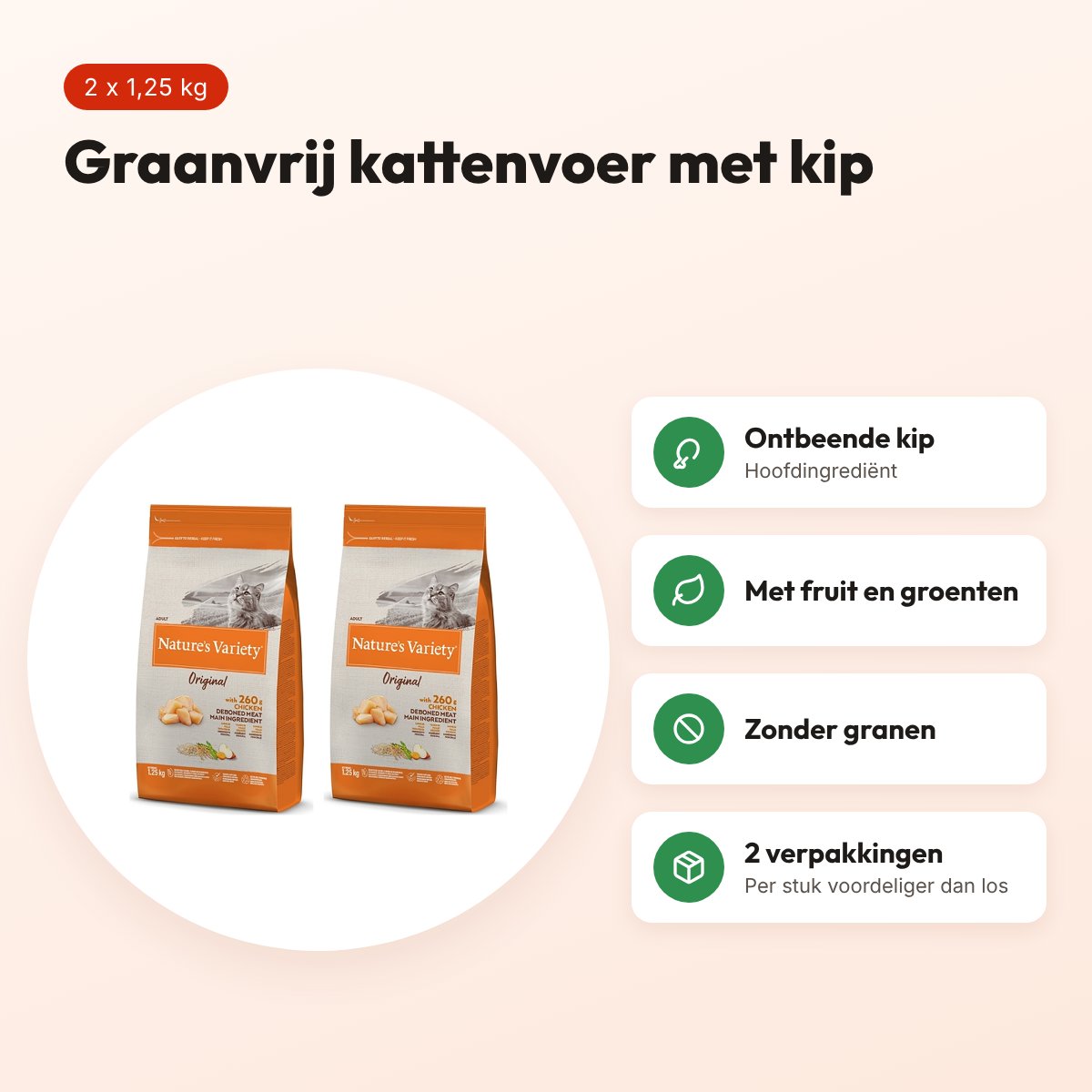 Nature's Variety kattenvoer kip 1,25 kg – zonder granen – multipack 2 stuks – voordelen