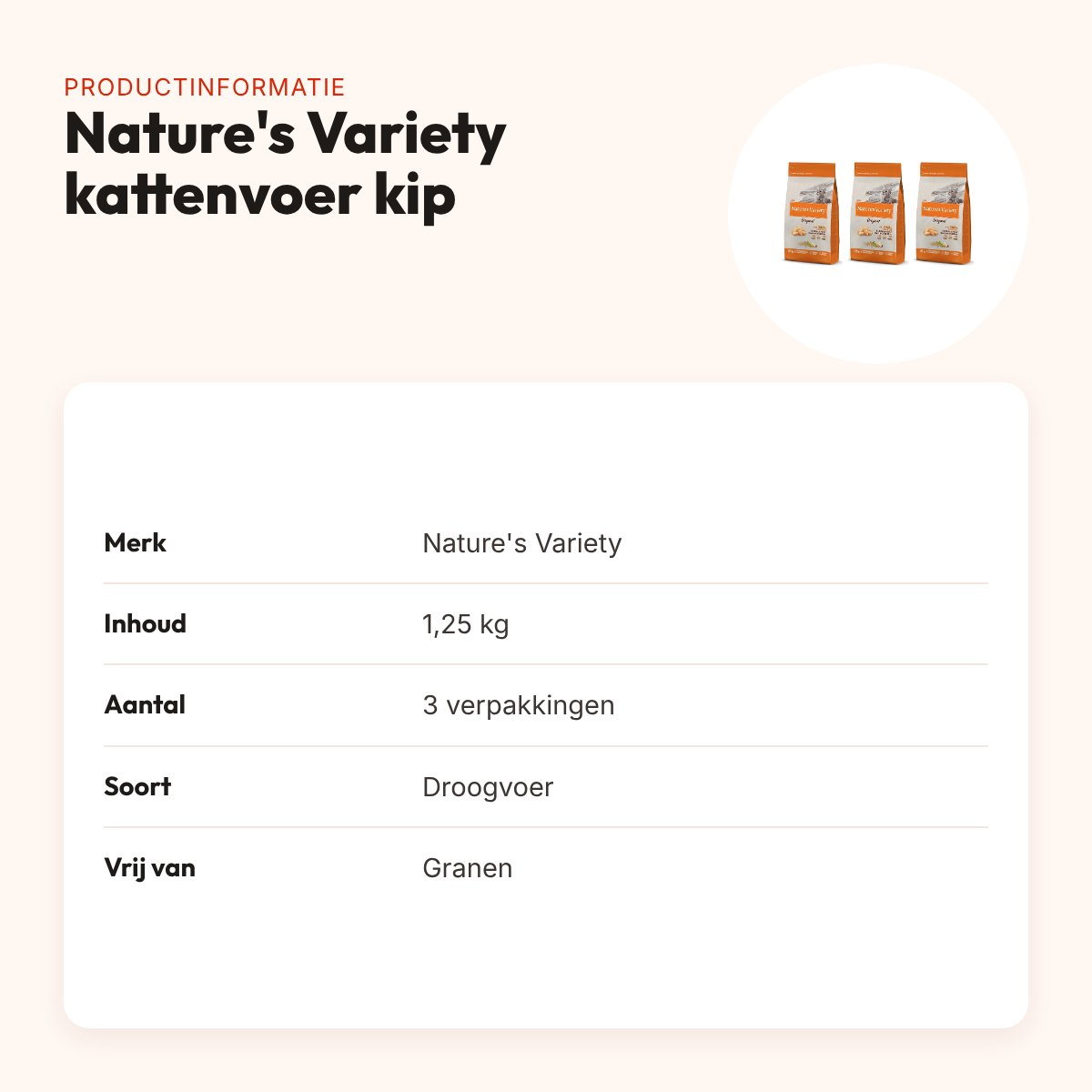 Nature's Variety kattenvoer kip 1,25 kg – zonder granen – multipack 3 stuks – productinformatie