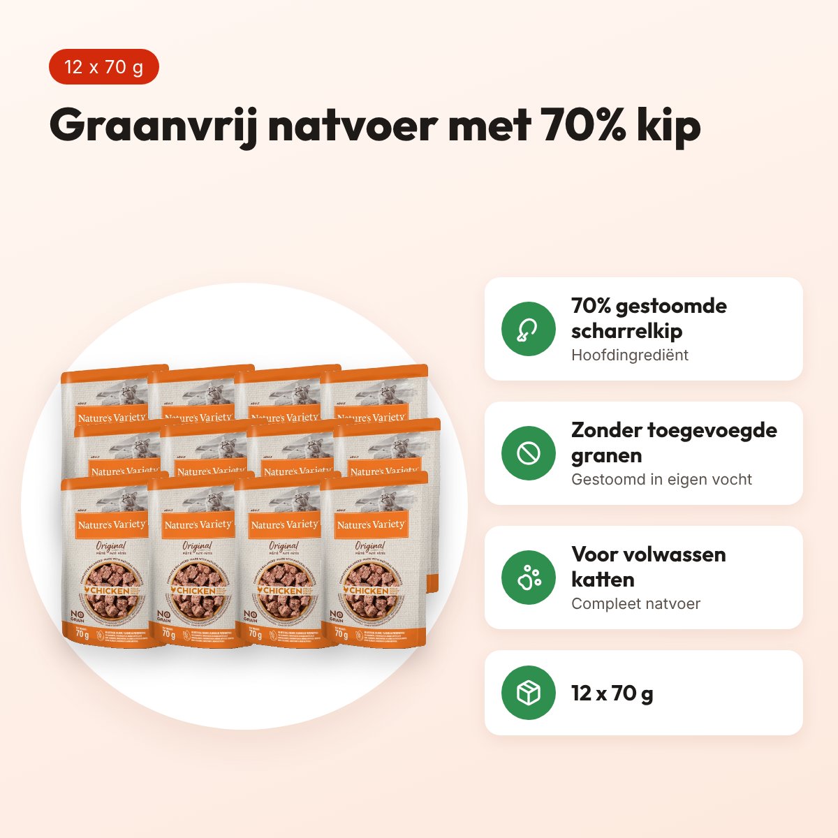 Nature's Variety kattenvoer pouch kip 12 x 70 g – graanvrij natvoer – voordelen