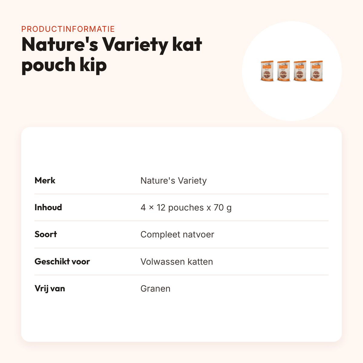 Nature's Variety kattenvoer pouch kip 70 g – multipack 4 x 12 stuks – productinformatie