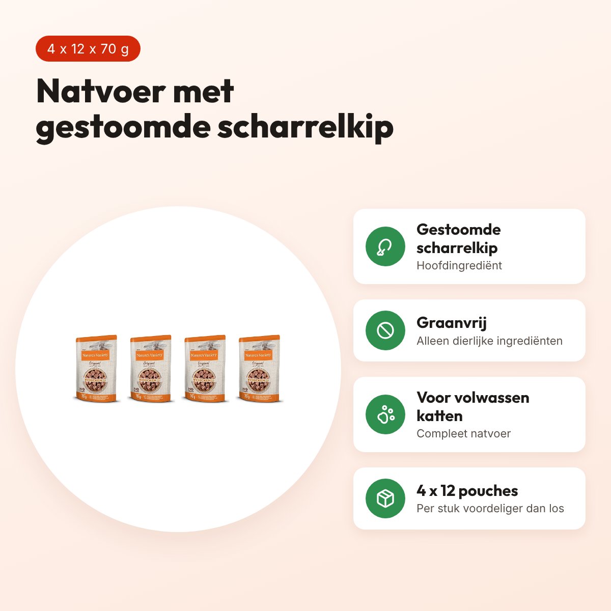 Nature's Variety kattenvoer pouch kip 70 g – multipack 4 x 12 stuks – voordelen