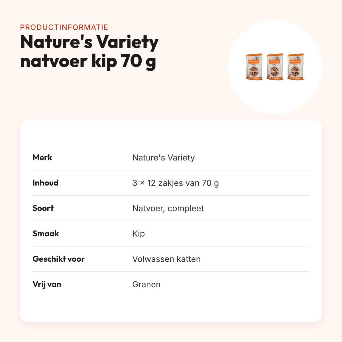 Nature's Variety natvoer kat kip 12 x 70 g – graanvrij, multipack 3 stuks – productinformatie