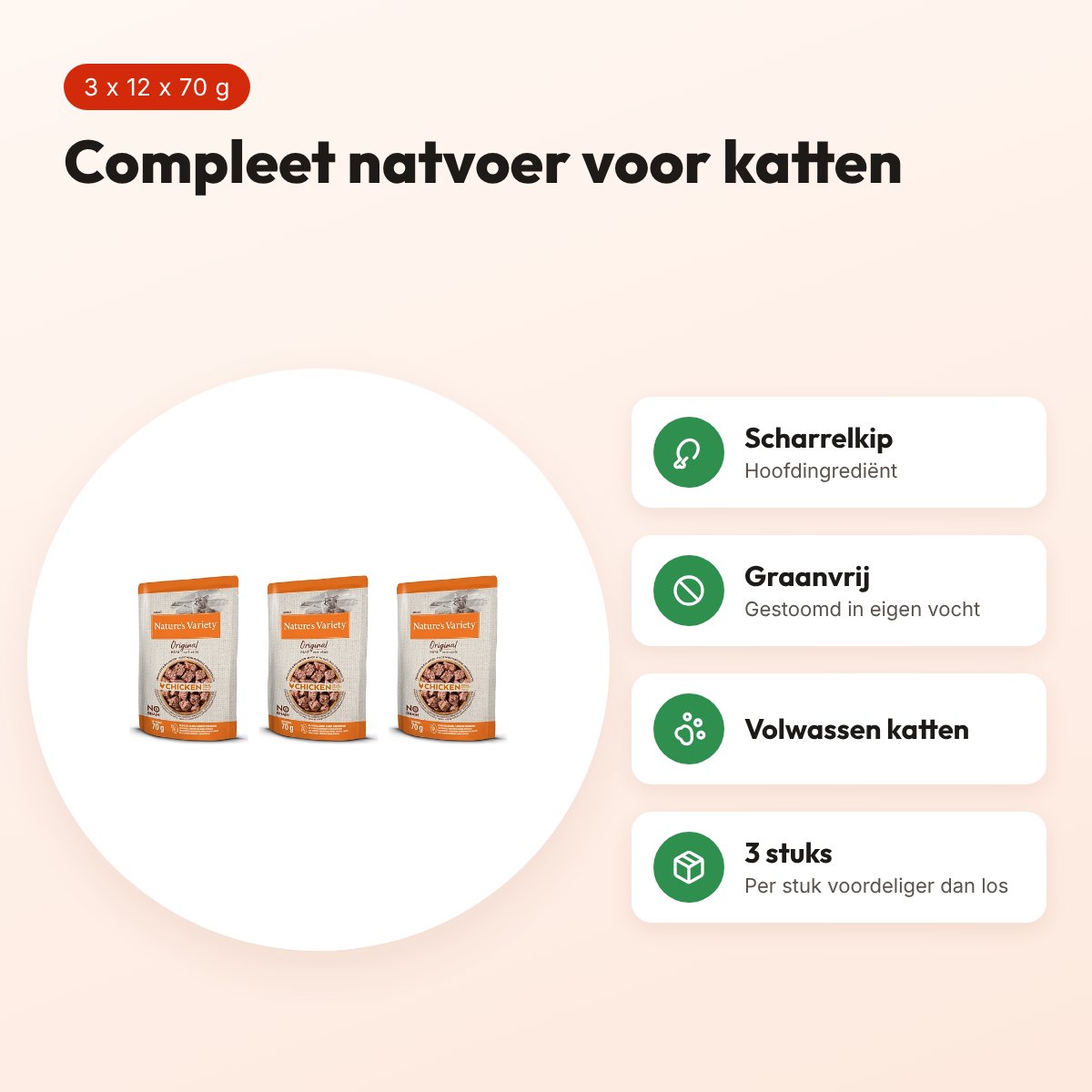 Nature's Variety natvoer kat kip 12 x 70 g – graanvrij, multipack 3 stuks – voordelen