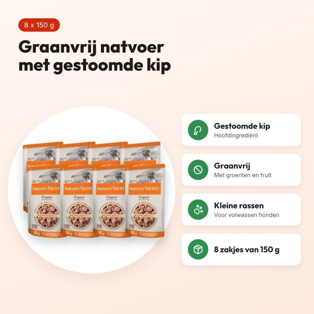 Nature's Variety Original hondenvoer Mini Pouch kip 8 x 150 g – graanvrij – voordelen