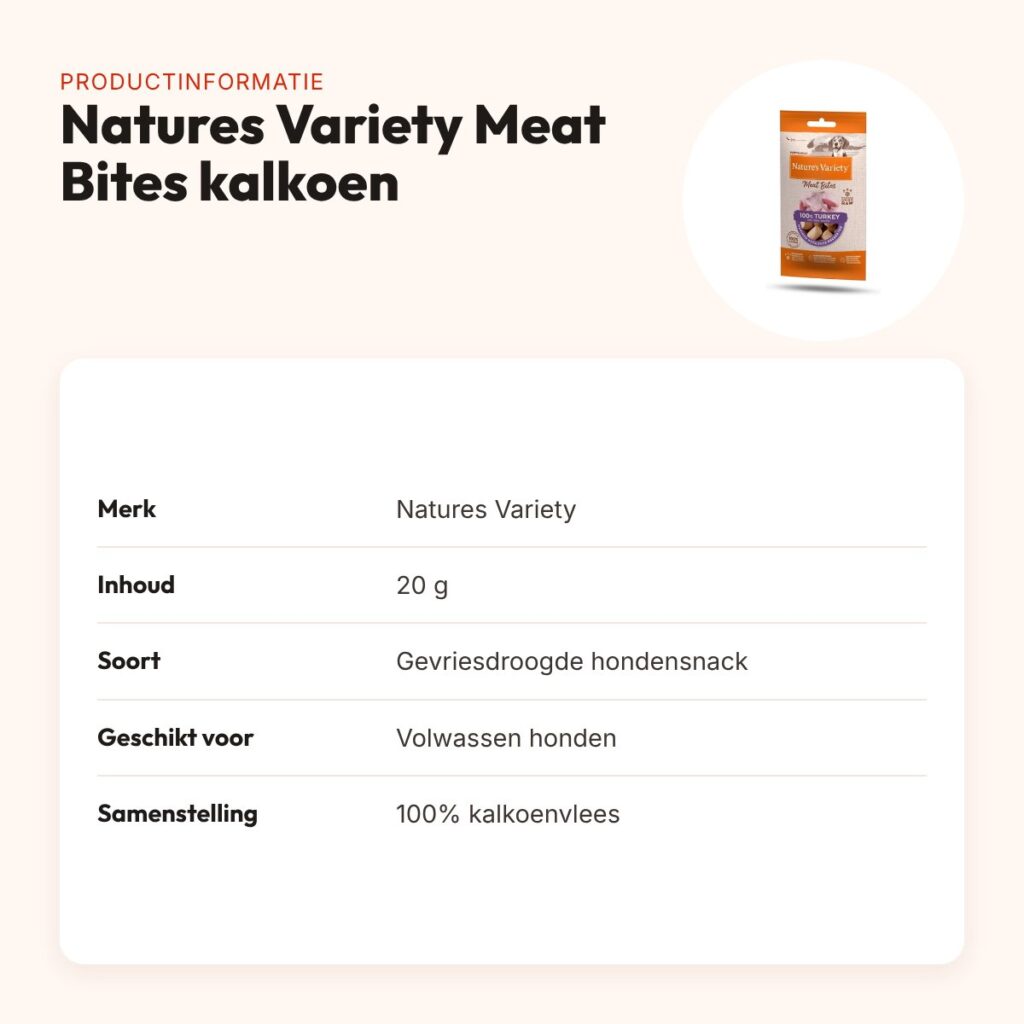 Natures Variety Freeze Dried Meat Bites kalkoen 20 g – gevriesdroogd – productinformatie
