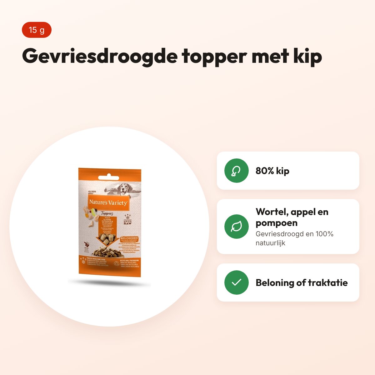 Natures Variety Freeze Dried Toppers kip 15 g – met groente en fruit – voordelen