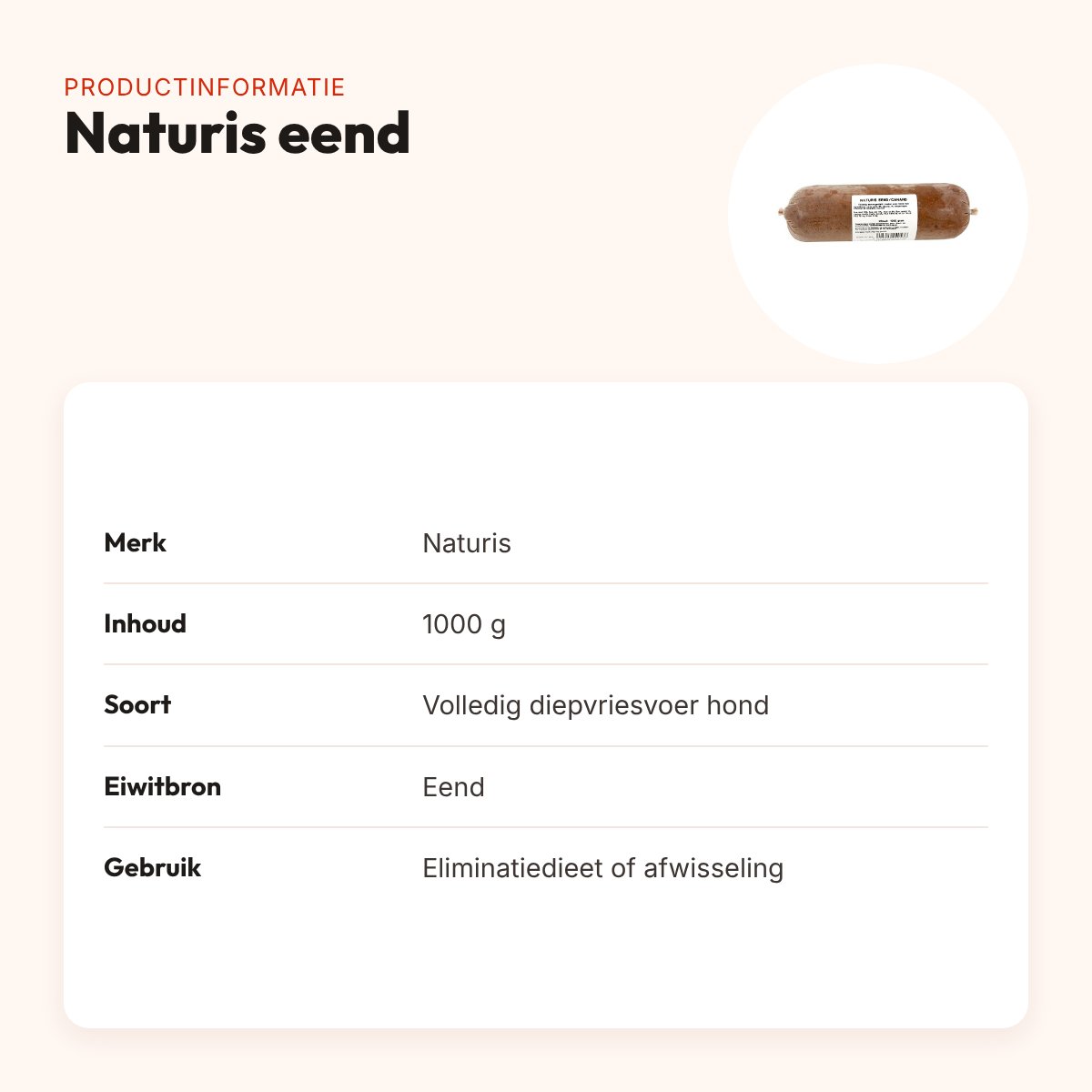 Naturis eend hondenvoer 1000 g – diepgevroren, één eiwitbron – productinformatie