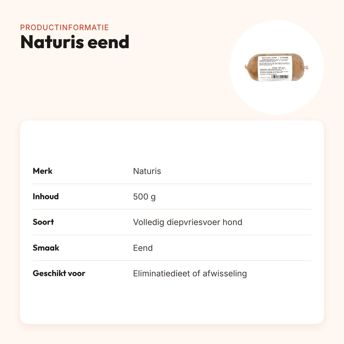 Naturis eend hondenvoer 500 g – diepgevroren – productinformatie