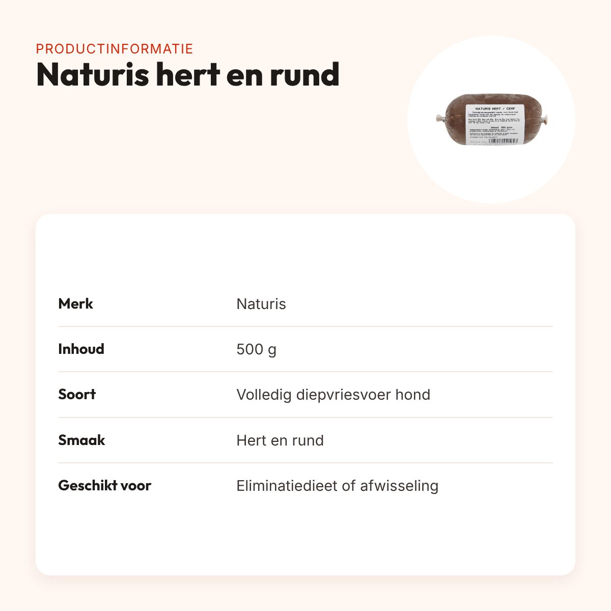 Naturis hert en rund hondenvoer 500 g – diepgevroren, eliminatiedieet – productinformatie