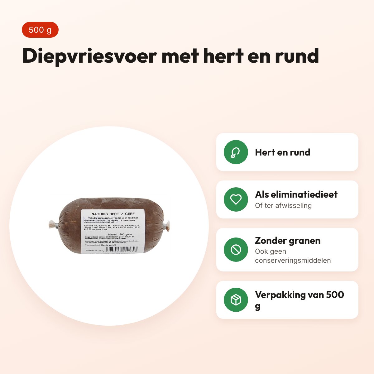 Naturis hert en rund hondenvoer 500 g – diepgevroren, eliminatiedieet – voordelen
