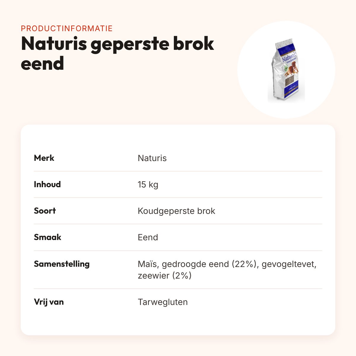 Naturis hondenvoer geperste brok eend 15 kg – tarweglutenvrij – productinformatie