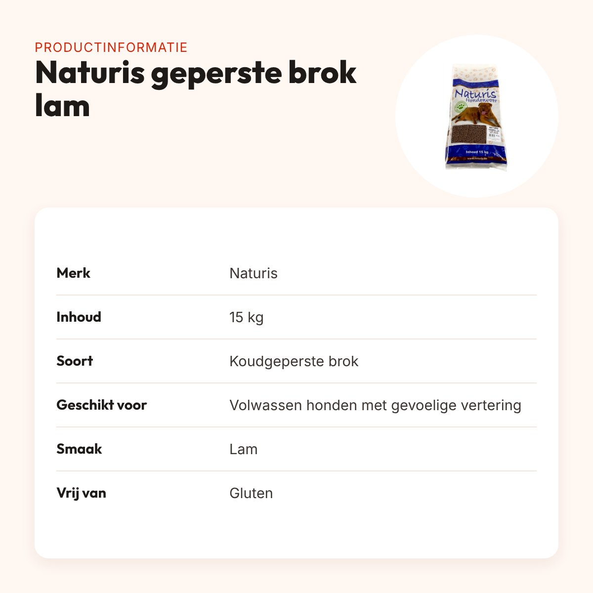 Naturis hondenvoer geperste brok lam 15 kg – glutenvrij – productinformatie