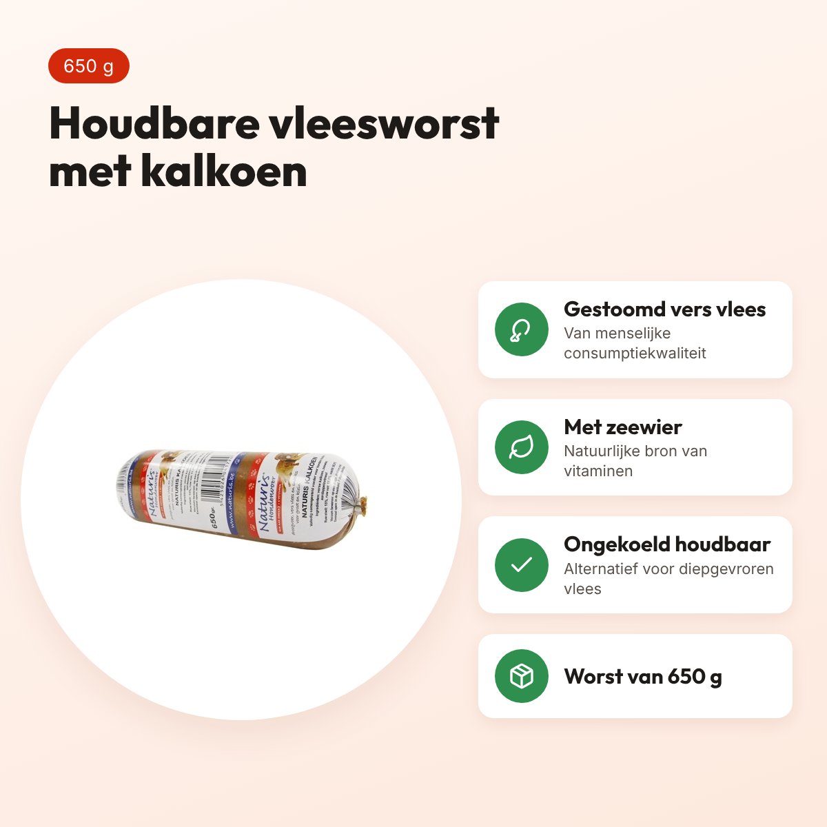 Naturis hondenvoer houdbaar kalkoen 650 g – gestoomd vers vlees met zeewier – voordelen