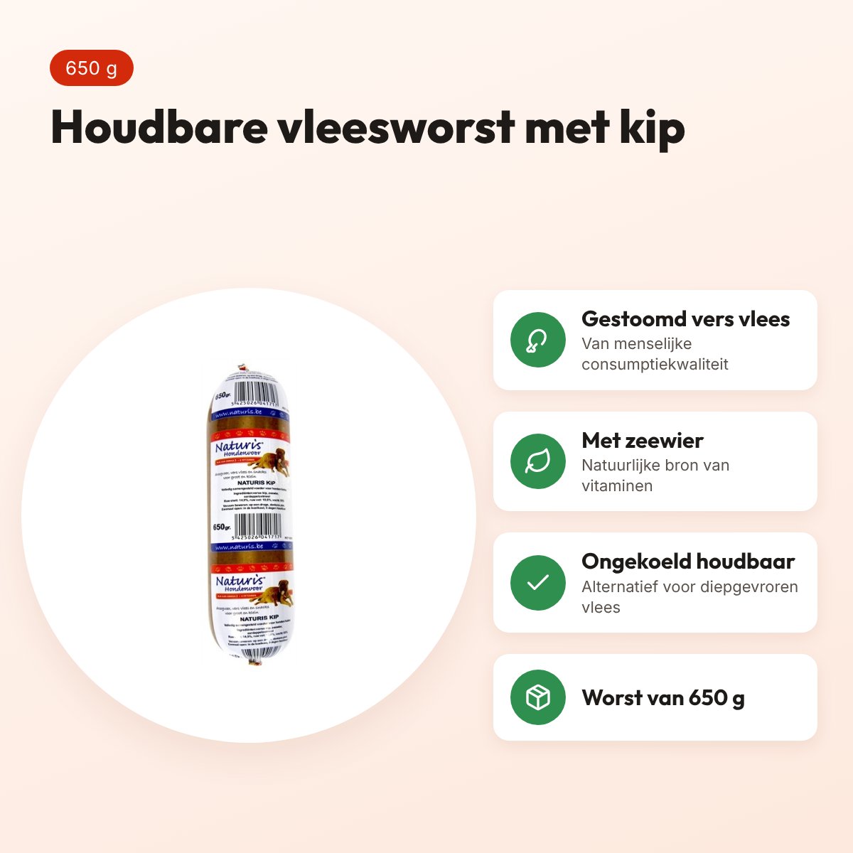 Naturis hondenvoer houdbaar kip 650 g – gestoomd vers vlees met zeewier – voordelen