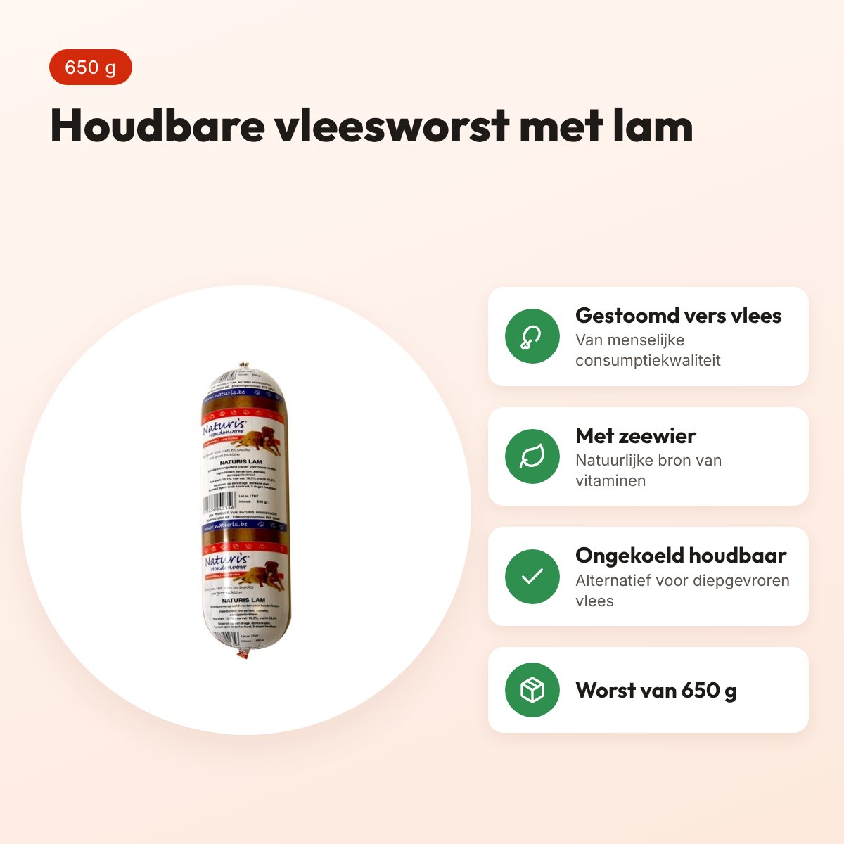 Naturis hondenvoer houdbaar lam 650 g – gestoomd vers vlees met zeewier – voordelen