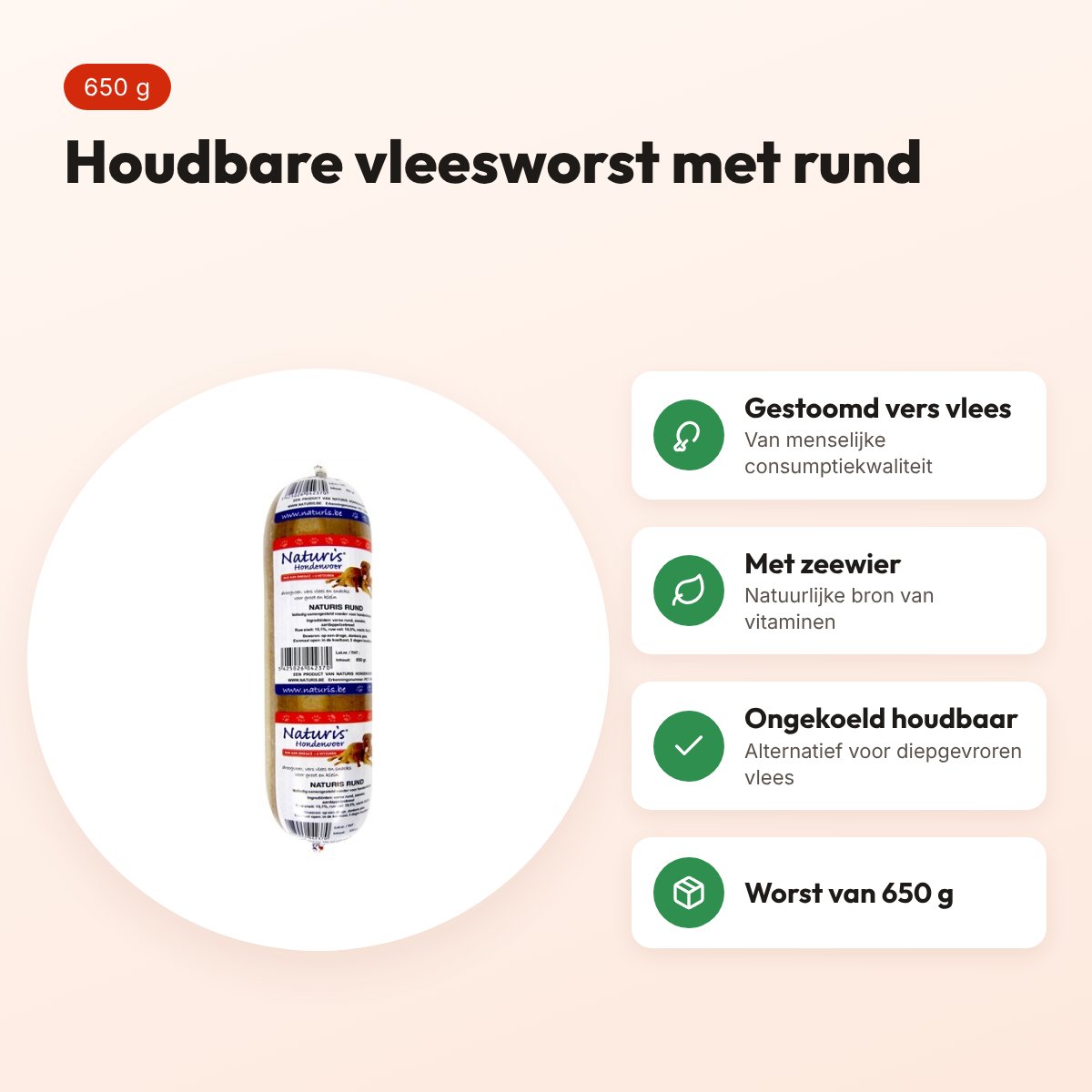 Naturis hondenvoer houdbaar rund 650 g – gestoomd vers vlees met zeewier – voordelen