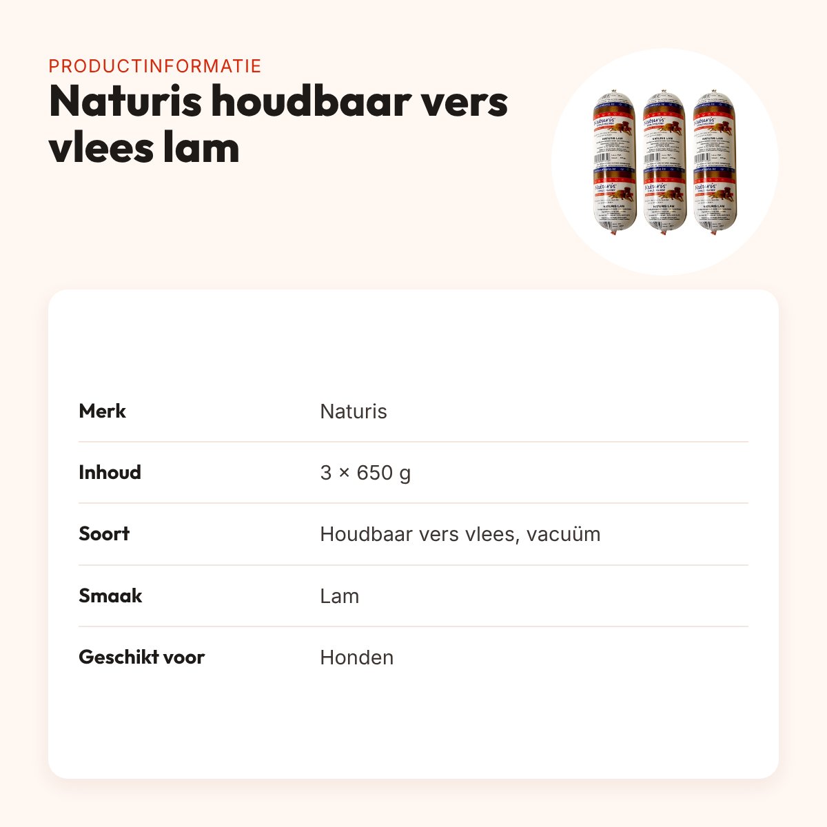 Naturis hondenvoer houdbaar vers vlees lam 650 g – multipack 3 stuks – productinformatie