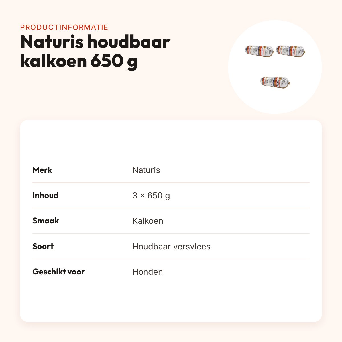 Naturis houdbaar hondenvoer kalkoen 650 g – multipack 3 stuks – productinformatie