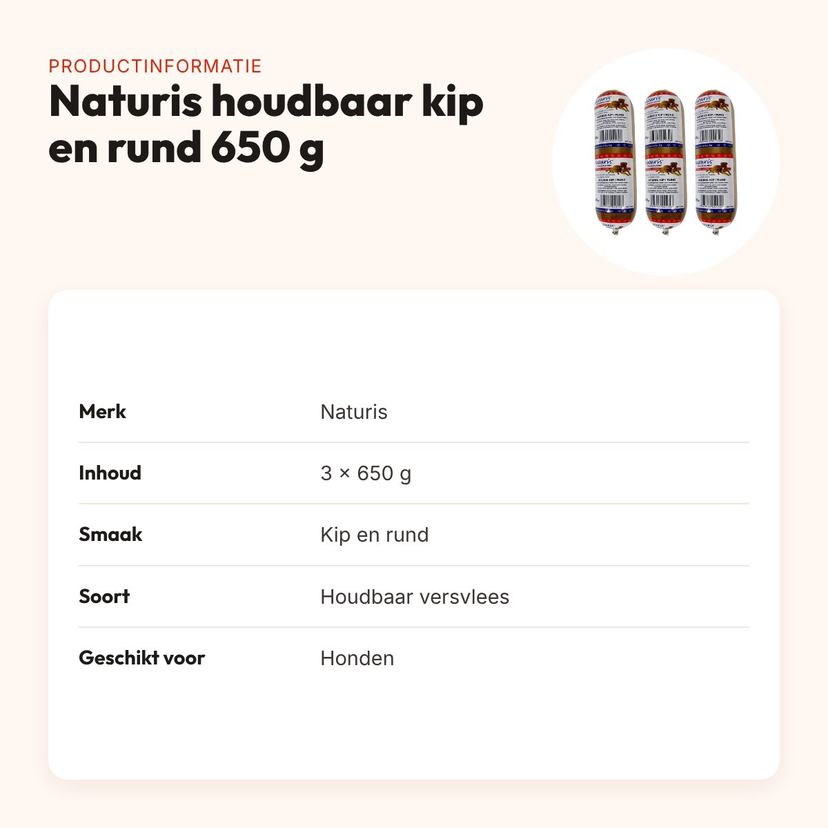 Naturis houdbaar hondenvoer kip en rund 650 g – multipack 3 stuks – productinformatie