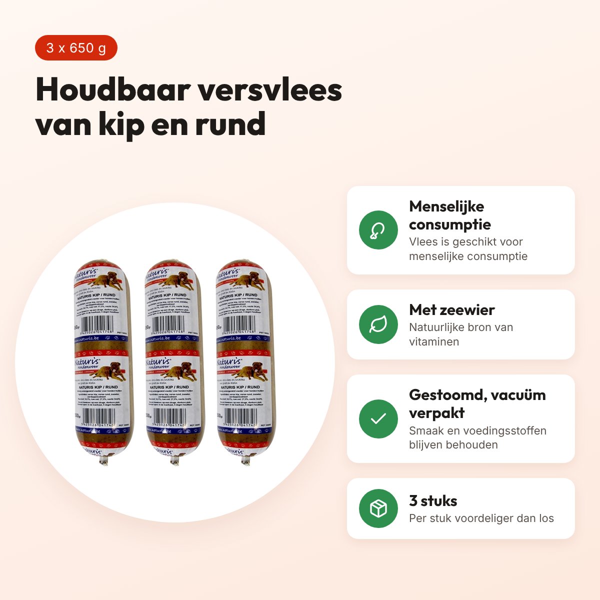 Naturis houdbaar hondenvoer kip en rund 650 g – multipack 3 stuks – voordelen