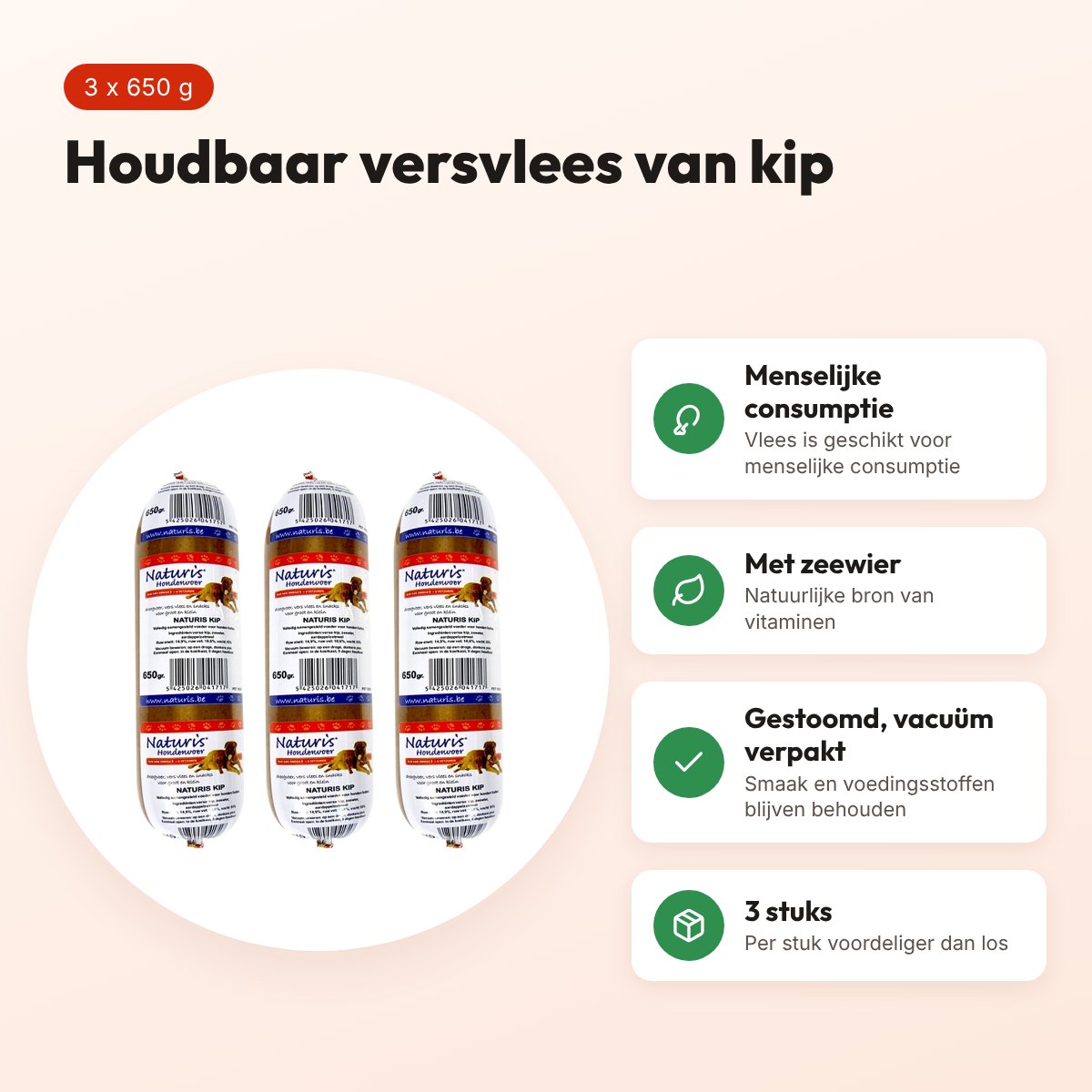 Naturis houdbaar hondenvoer kip met zeewier 650 g – multipack 3 stuks – voordelen