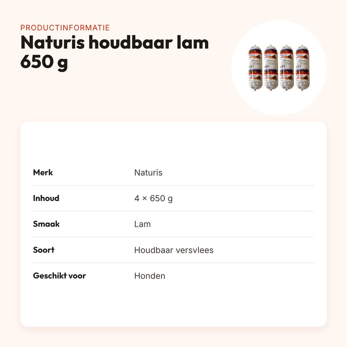 Naturis houdbaar hondenvoer lam met zeewier 650 g – multipack 4 stuks – productinformatie