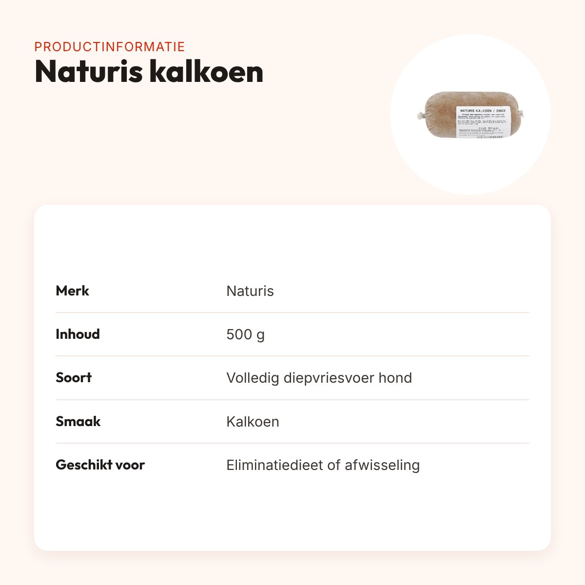 Naturis kalkoen hondenvoer 500 g – diepgevroren – productinformatie