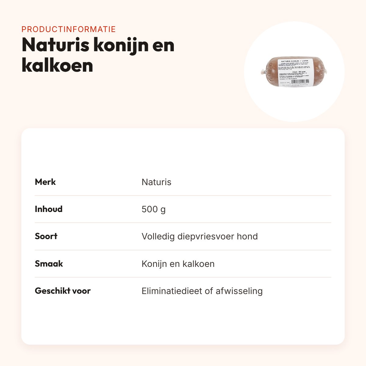 Naturis konijn en kalkoen hondenvoer 500 g – diepgevroren – productinformatie