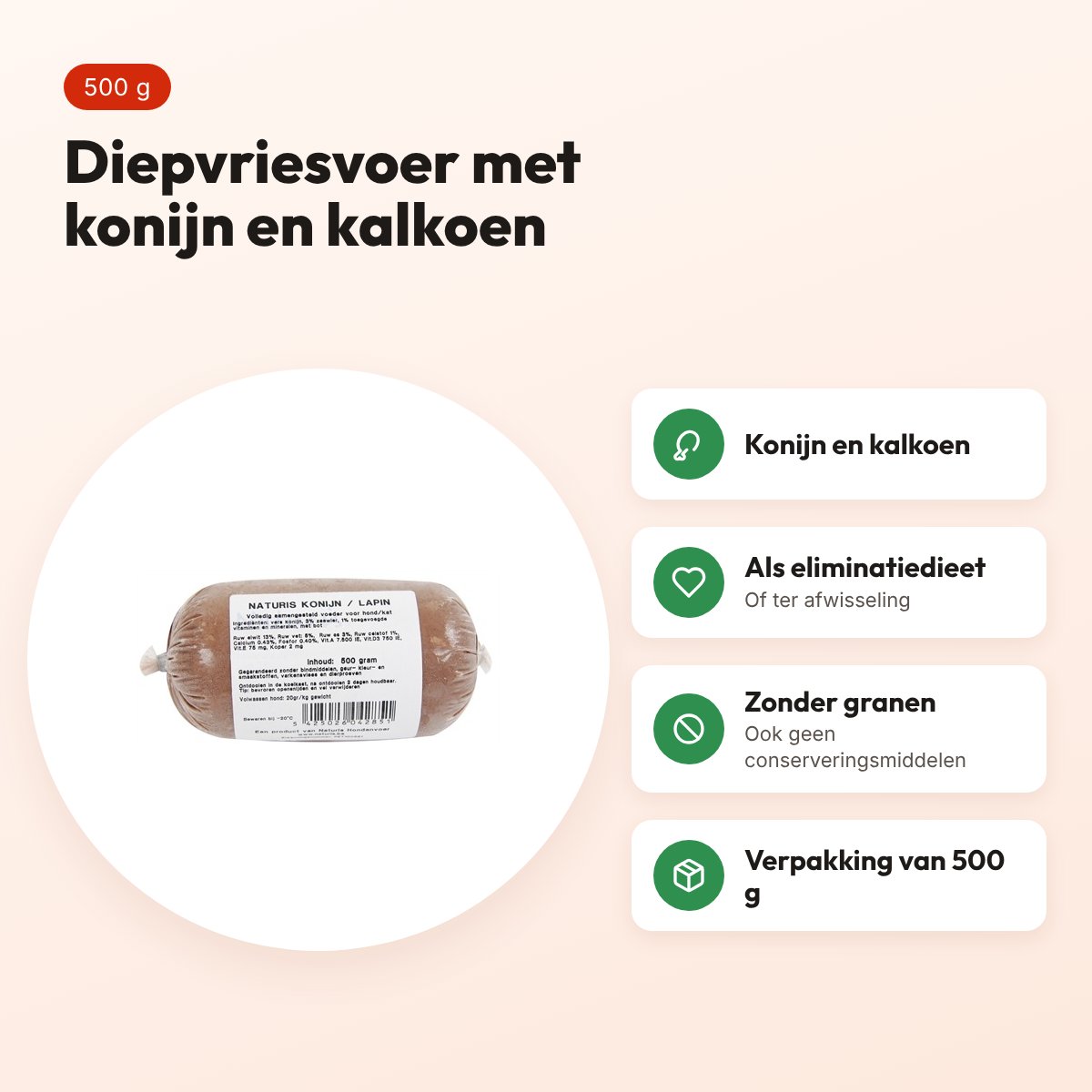 Naturis konijn en kalkoen hondenvoer 500 g – diepgevroren – voordelen