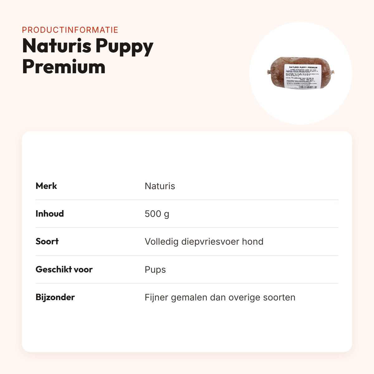 Naturis Puppy Premium hondenvoer 500 g – diepgevroren – productinformatie
