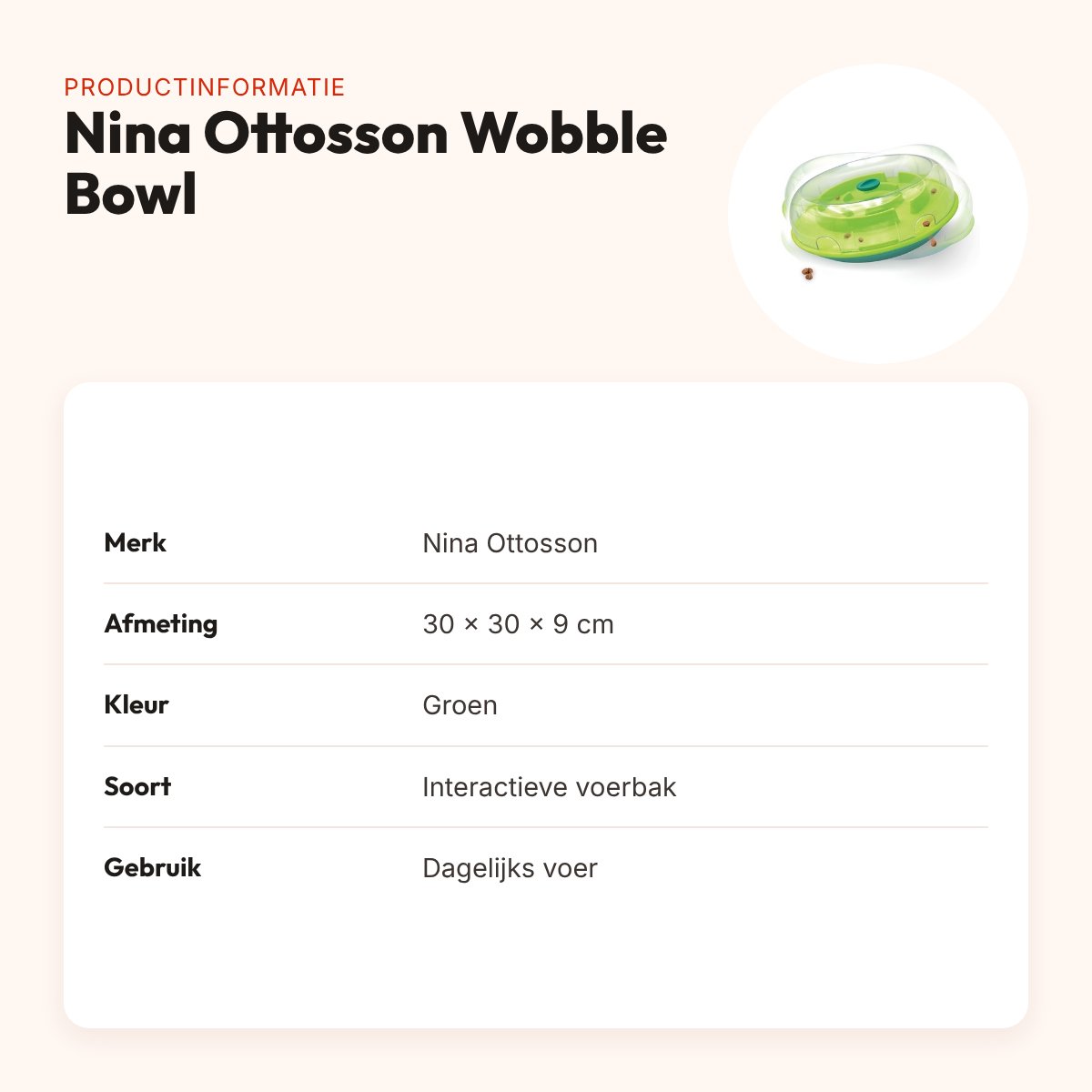 Nina Ottosson Wobble Bowl groen 30 x 30 x 9 cm – interactieve voerbak – productinformatie