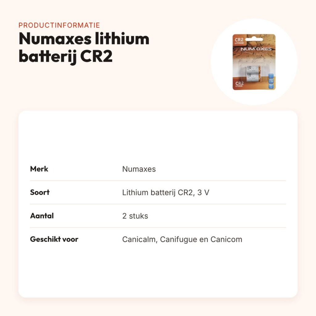 Numaxes lithium batterij CR2 3V – 2 stuks, voor Canicalm en Canifugue – productinformatie