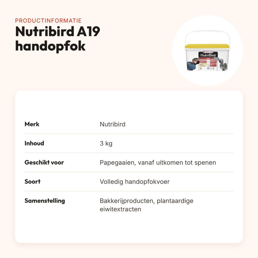 Nutribird A19 papegaaienvoer handopfok 3 kg – volledig vogelvoer – productinformatie