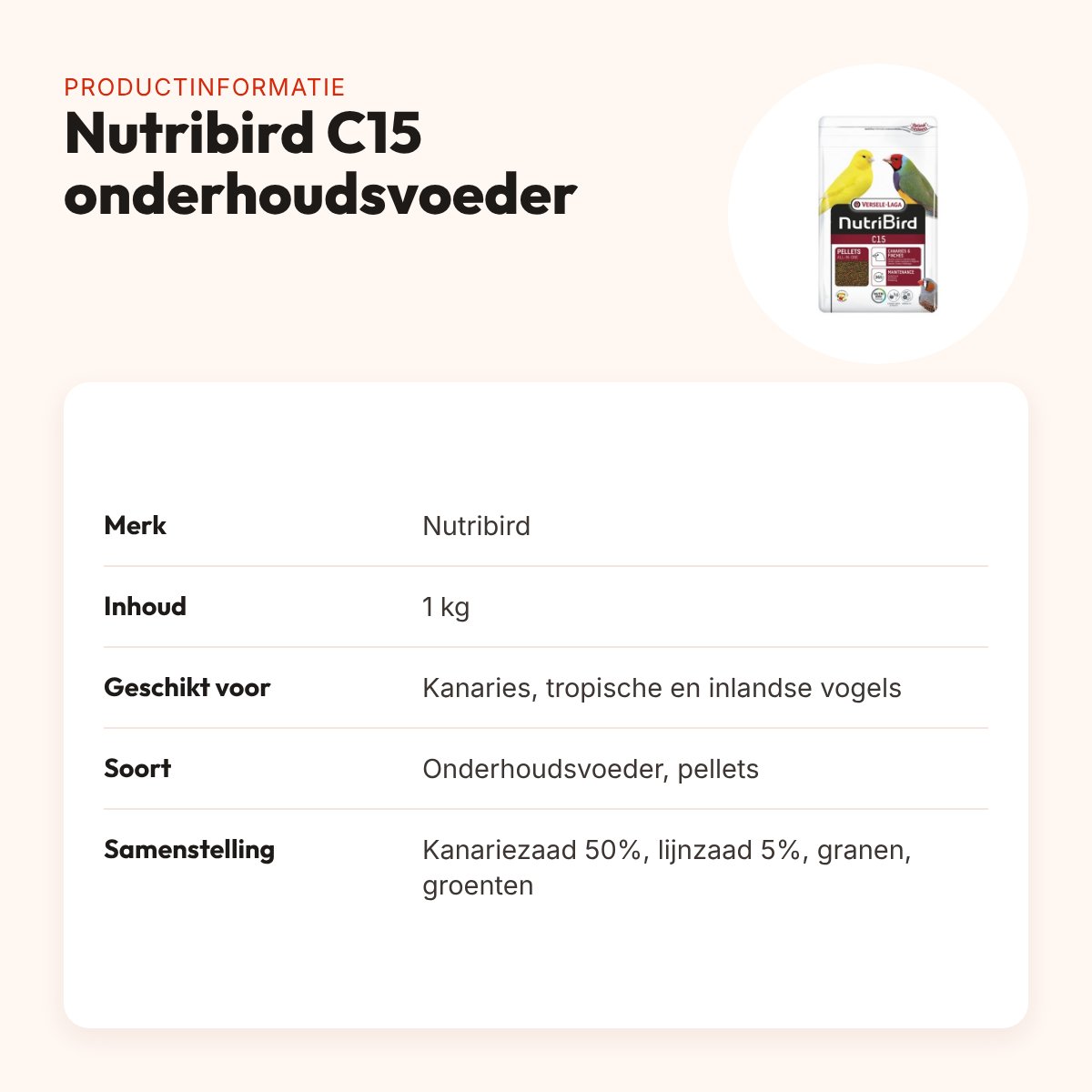 Nutribird C15 onderhoudsvoeder kanaries en tropische vogels 1 kg – pellets – productinformatie