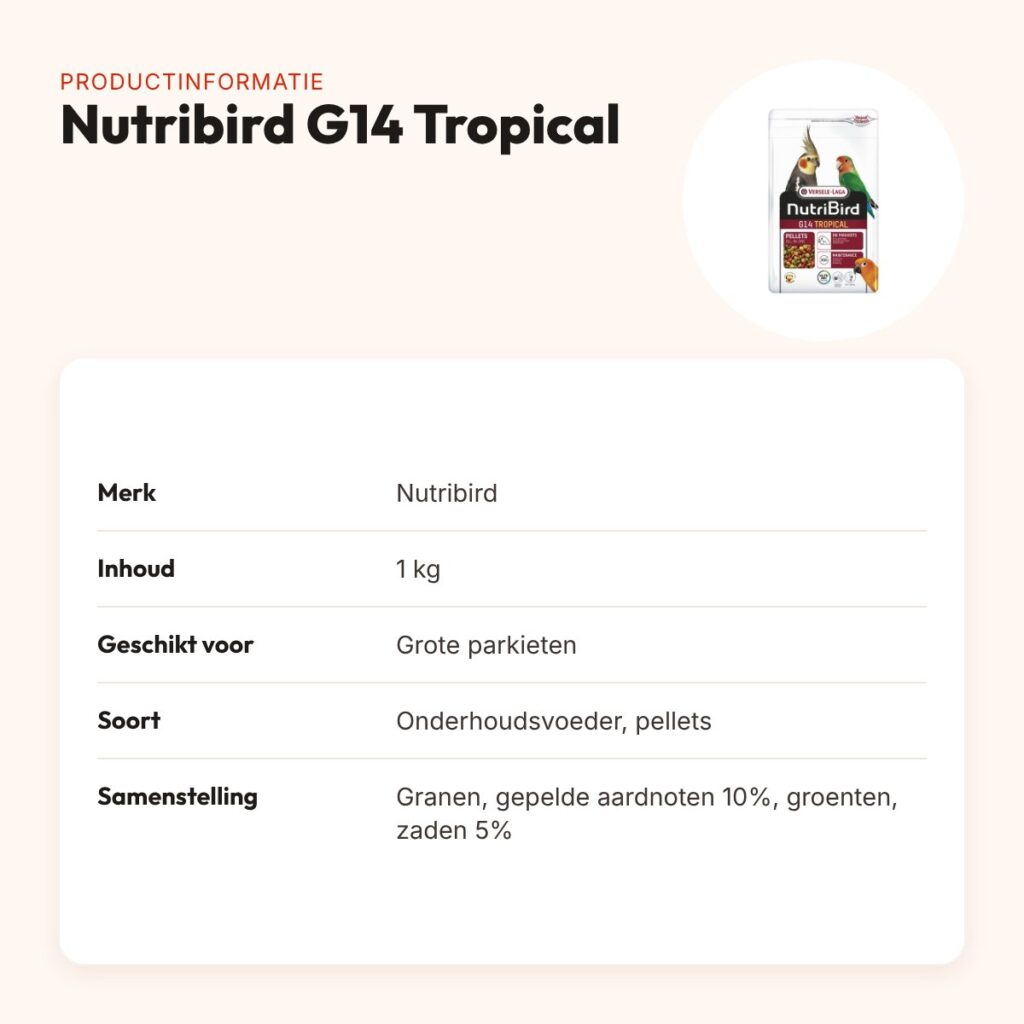 Nutribird G14 Tropical onderhoudsvoeder grote parkieten 1 kg – productinformatie