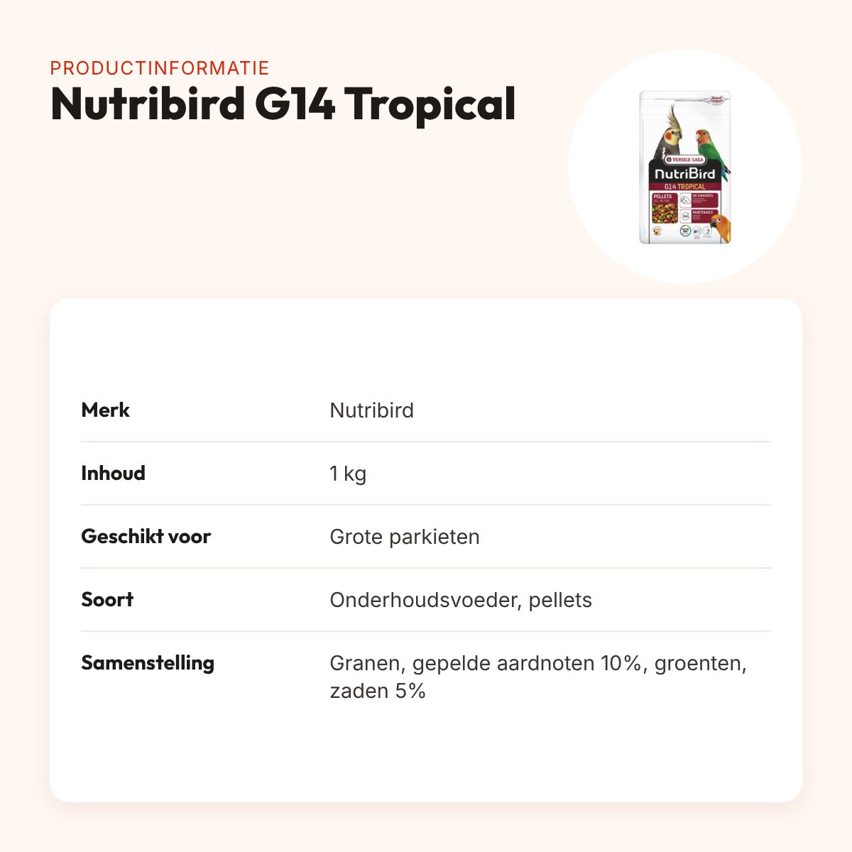 Nutribird G14 Tropical onderhoudsvoeder grote parkieten 1 kg – productinformatie