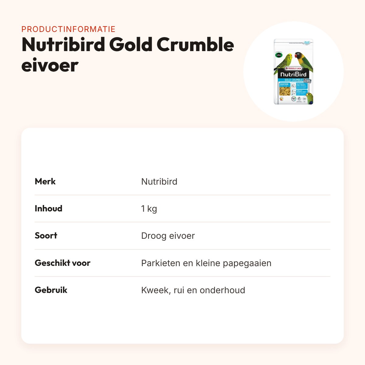 Nutribird Gold Crumble eivoer parkieten en kleine papegaaien 1 kg – droog – productinformatie